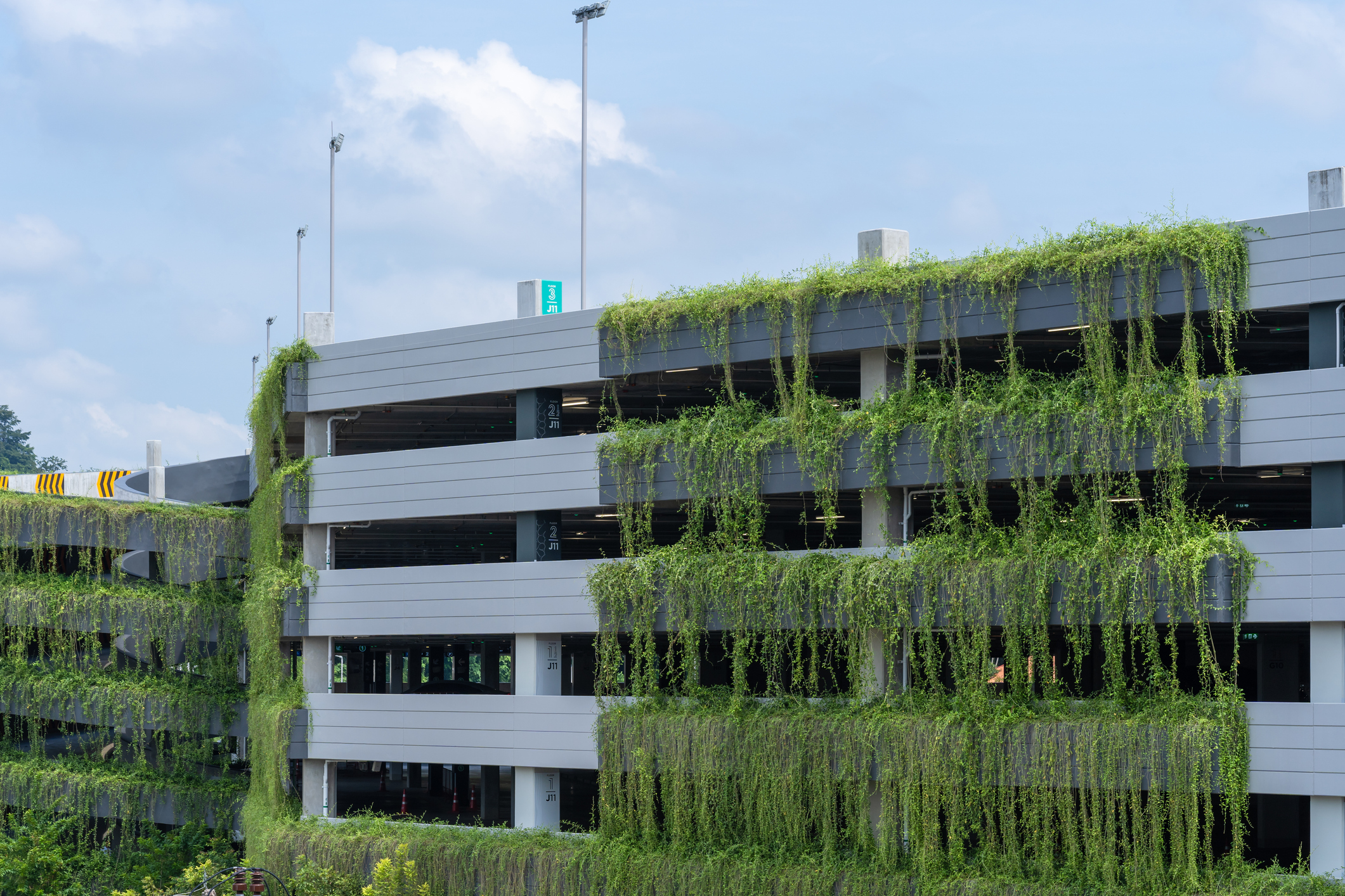 Modern parking garage building covered with plant, exterior decoration.
