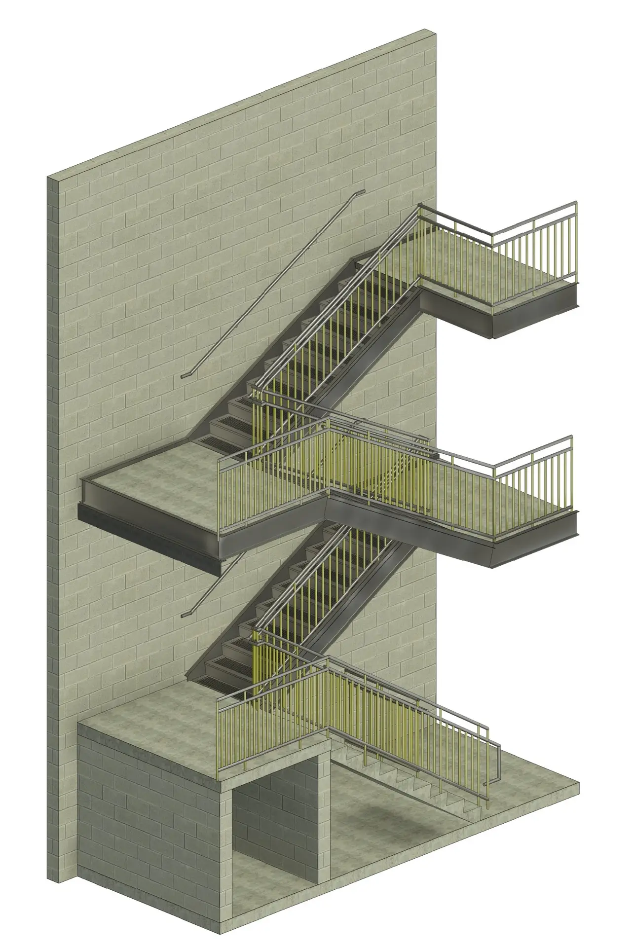 3D rendering of the proposed steel stair system for the 111 S Church Street parking deck repairs in Charlotte, North Carolina