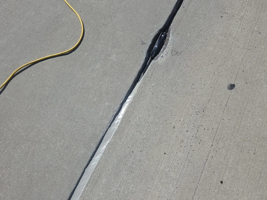 Deteriorated tee-to-tee joint before sealant replacement at the Porter Building parking deck