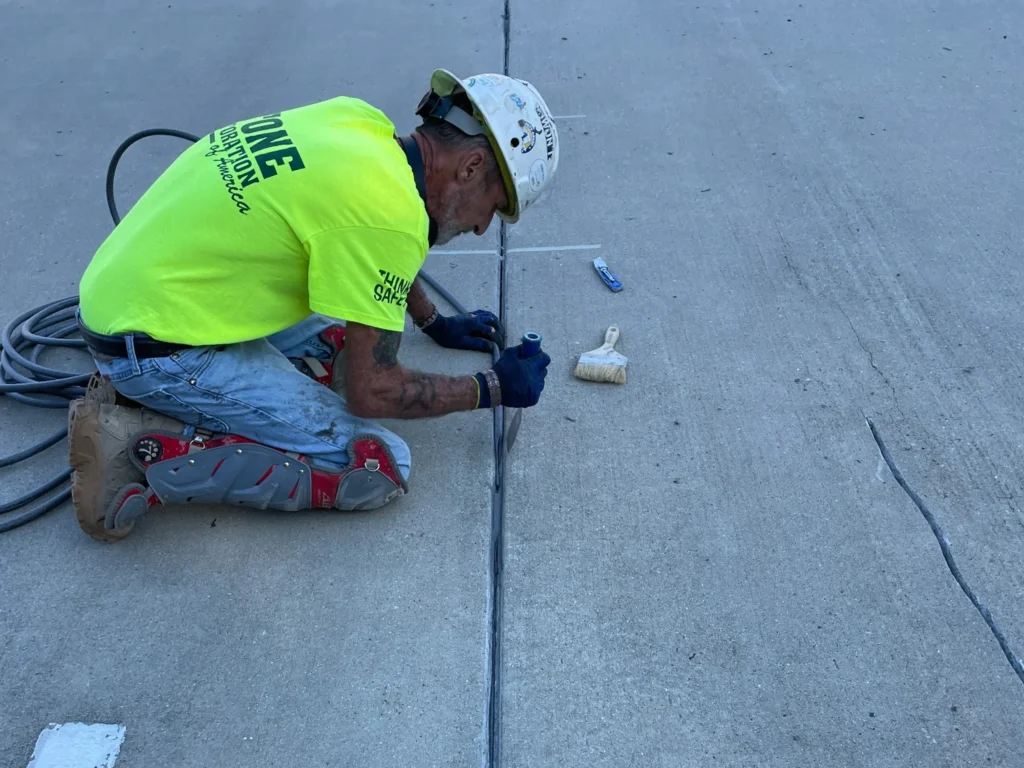 Contractor installing tee-to-tee joint sealant during Porter Building parking deck repairs