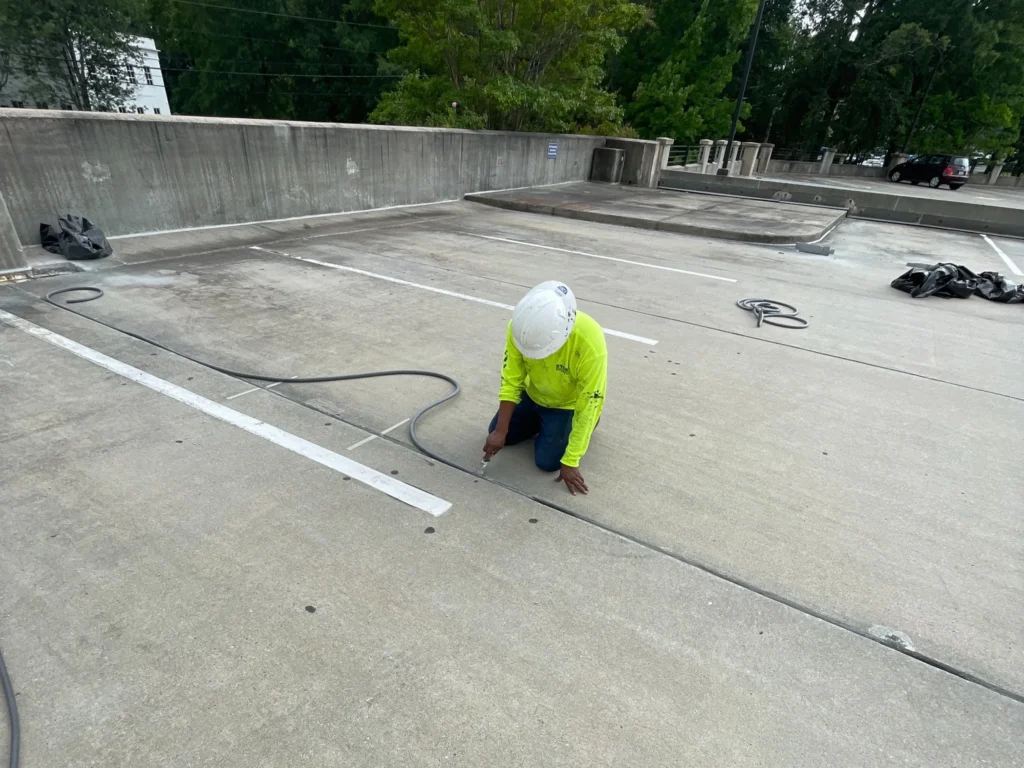 Parking deck repairs underway at the Porter Building in Charlotte, North Carolina