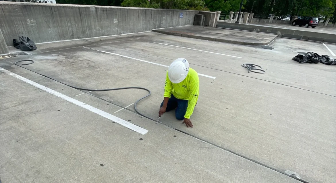 Parking deck repairs underway at the Porter Building in Charlotte, North Carolina