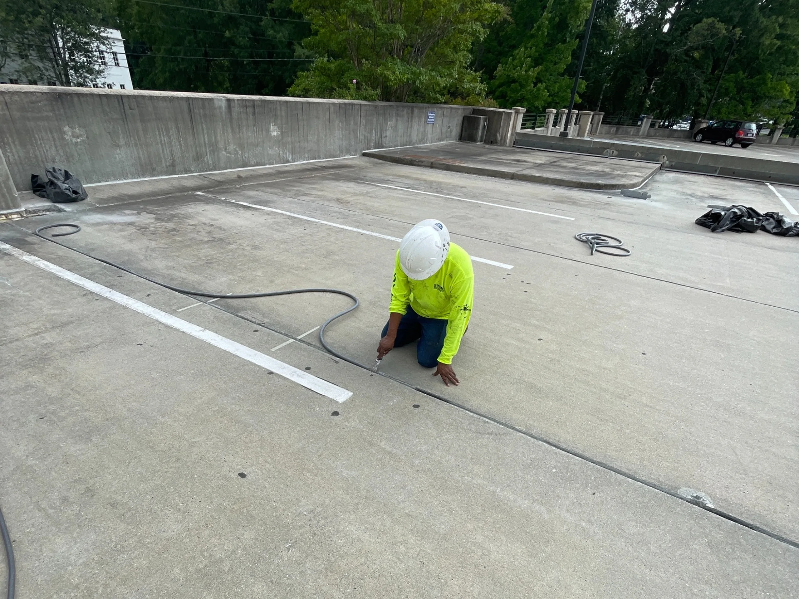 Parking deck repairs underway at the Porter Building in Charlotte, North Carolina